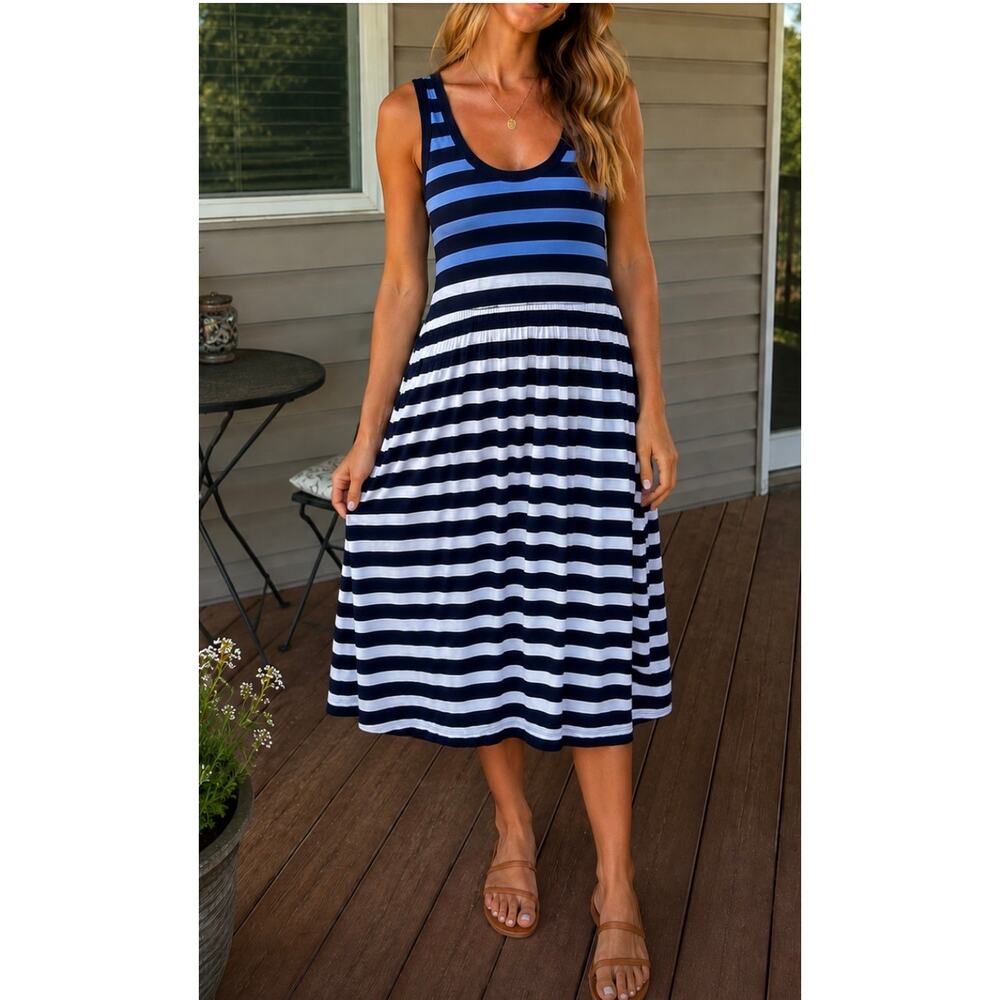 J.Crew Navy Blue White Striped Tank Midi Dress Sleeveless Fit Flare Large